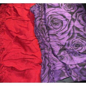 Women's Long Rectangle Scarves Red & Multicolor Pashima Styles Fringes Lot of 2